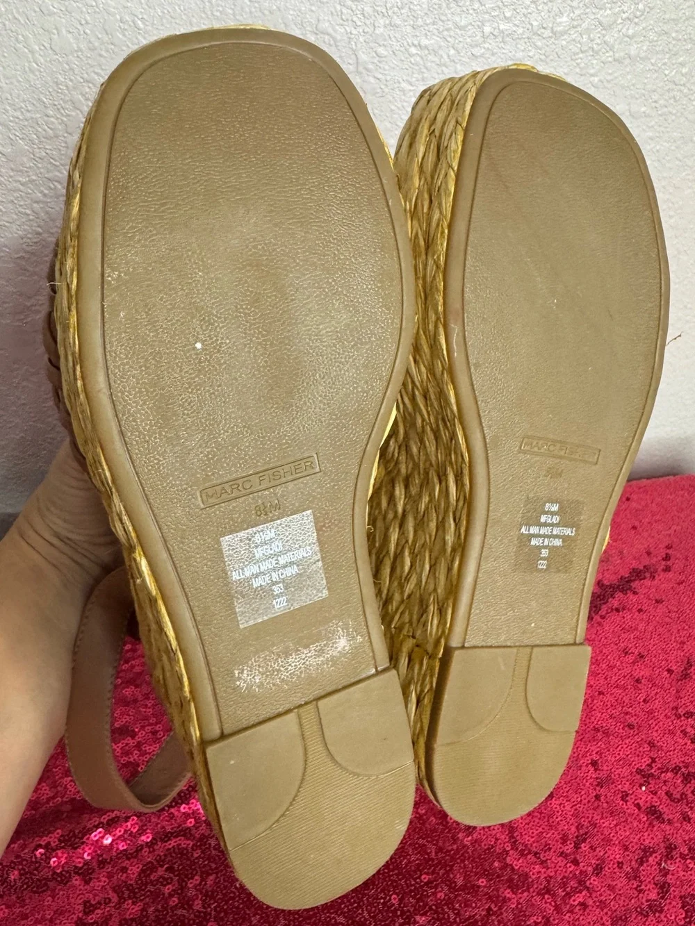 MARCH FISHER 🤎 Tan Woven Leather Espadrille Wedge Sandals (Women’s 8.5)